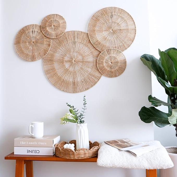 CHI AN 18 Inch Boho Wall Decor – Set of 5 Woven Jute Wall Baskets, Boho Wall Art & Decorative Basket Set, Farmhouse Wall Hanging, Handwoven Wall Plates for Living Room, Bedroom – 18", 14", 11", 8", 7"