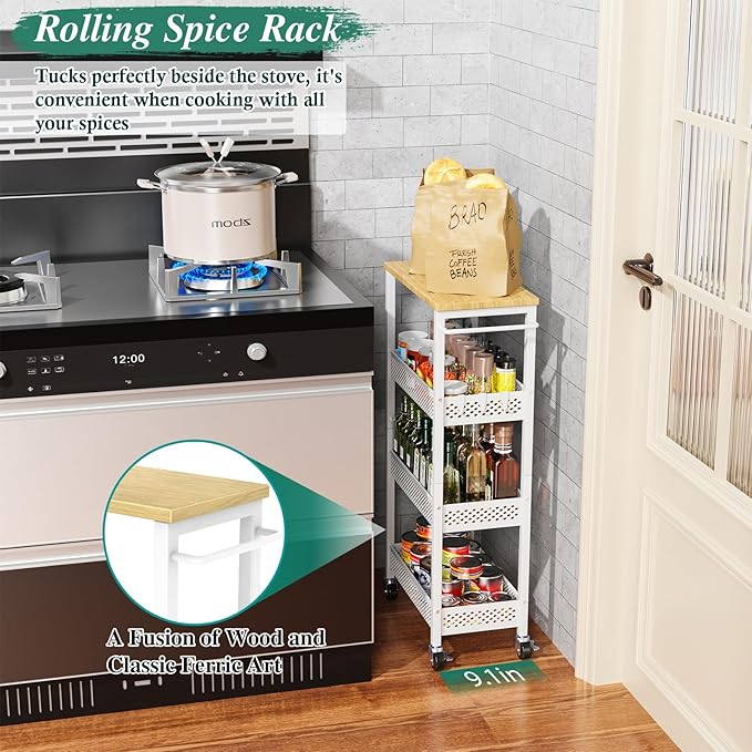 Utility Slim Storage Cart, 4-Tier Narrow Bathroom Organizers and Storage Cart, Narrow Metal Kitchen Laundry Room Organization Shelf with Wood Top, Slim Rolling Carts with Wheels for Small Space