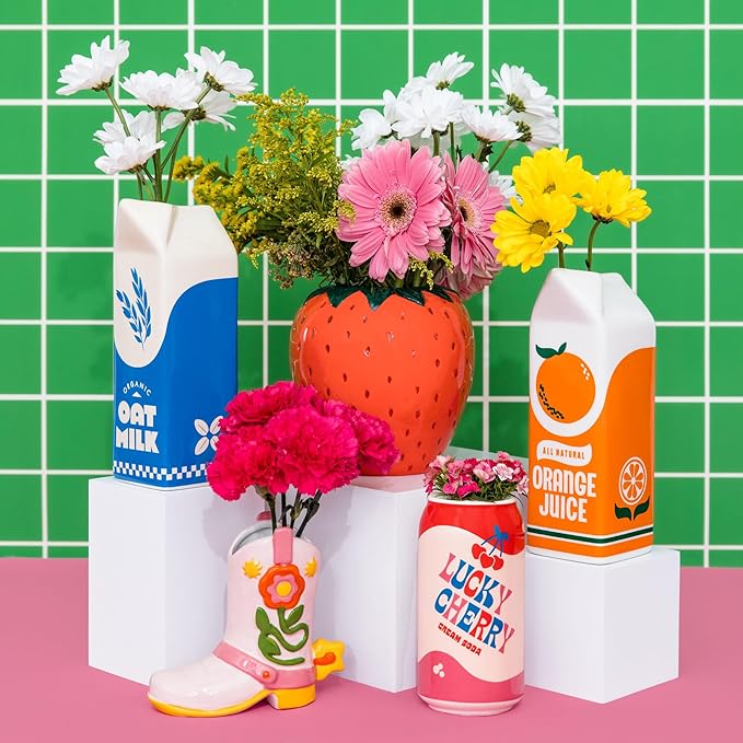 ban.do Vintage Inspired Strawberry Vase, Decorative Ceramic Vase, Large Flower Vase, Unique Strawberry Decor for Home/Kitchen/Office