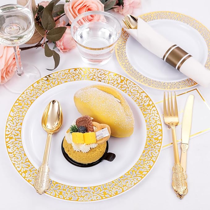 DaYammi 210 PCS Gold Plastic Plates, Gold Plastic Dinnerware Sets, Includes: 30 Dinner Plates, 30 Salad Platos, 30 Pre Rolled Napkins with silverware,30 Cups 9 OZ, Perfect for Party