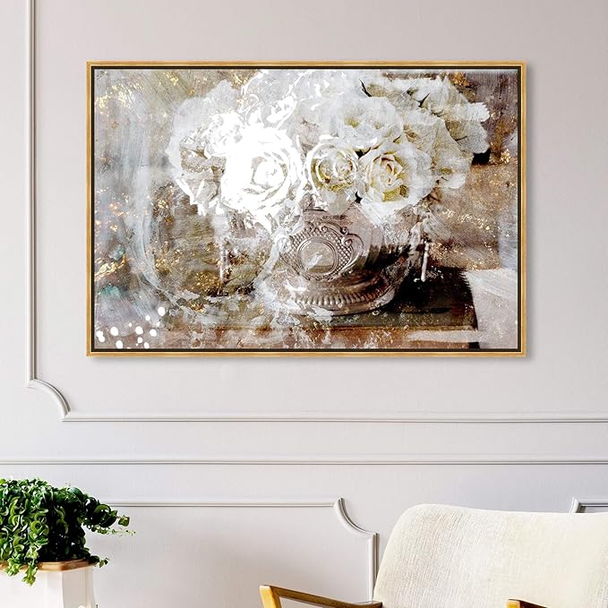 The Oliver Gal Artist Co. Floral and Botanical Framed Wall Art Canvas Prints 'Serving Roses' Florals, White, Gold, 45" x 30"