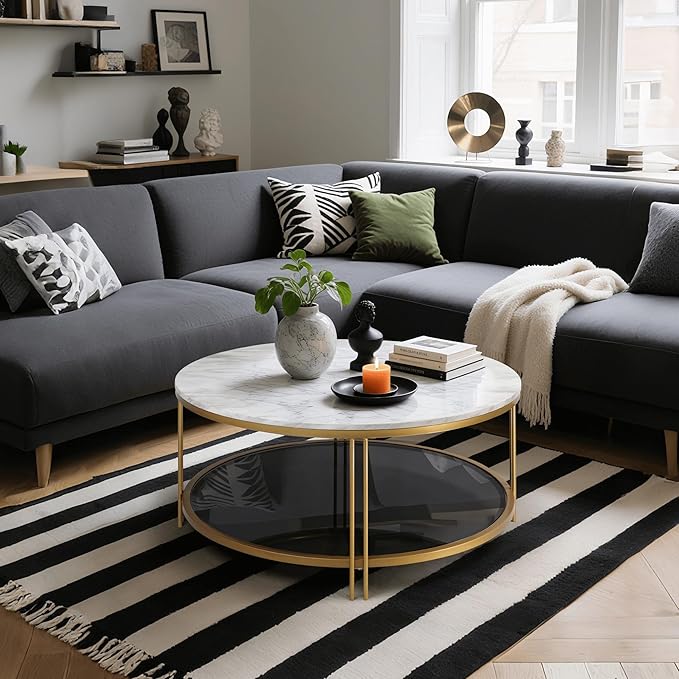 Modern Round Coffee Table with Faux Marble Top, Smoky Tempered Glass Shelf, Gold Metal Frame, 36" Living Room Center Table with Storage