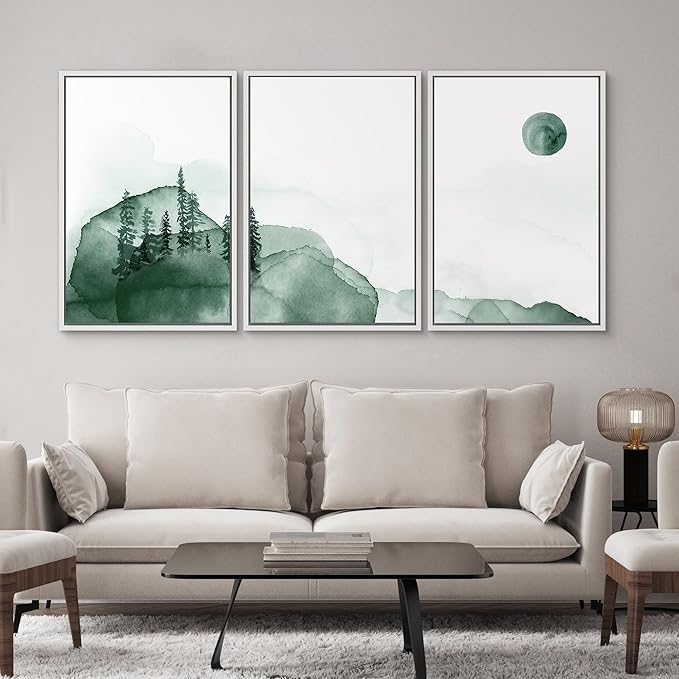 SIGNWIN 3 Piece Framed Canvas Wall Art Green Watercolor Landscape with Moon Nature Wilderness Illustrations Abstract Traditional Home Artwork Decoration for Living Room,Bedroom - 24"x36"x3 White