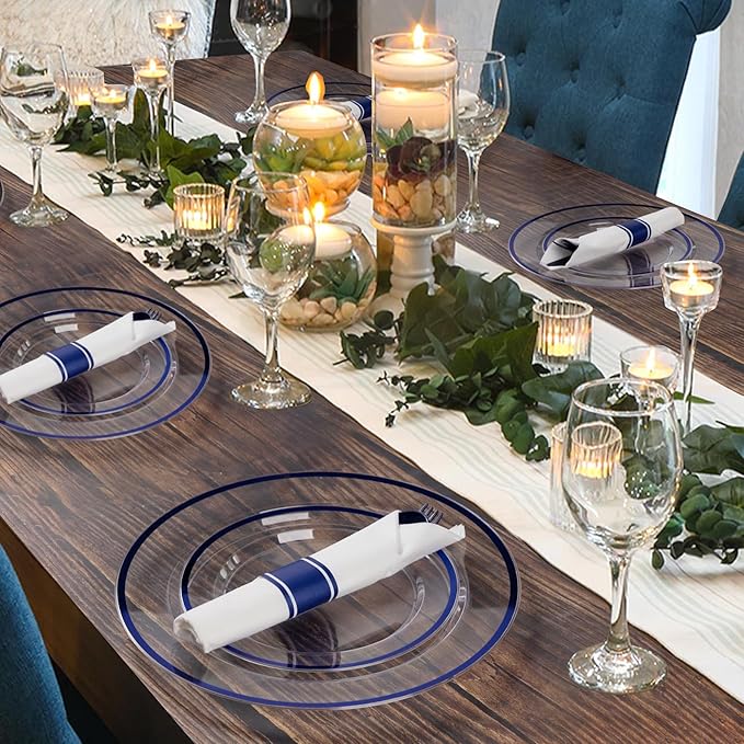 Goodluck 700 Piece Dark Blue Plastic Dinnerware Set for Party, Clear Disposable Plates for 100 Guests, Include: 100 Dinner Plates, 100 Dessert Plates, 100 Pre Rolled Napkins with Cutlery Set, 100 Cups