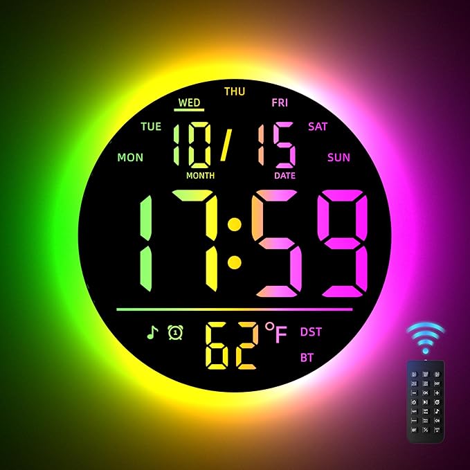 10" Large Digital Wall Clock with Remote Control, Music Sync RGB Atmosphere Light, Low-Reflectivity, Temperature, LED Display, Dual Alarms, BT Sync, Auto DST for Bedroom and Classroom