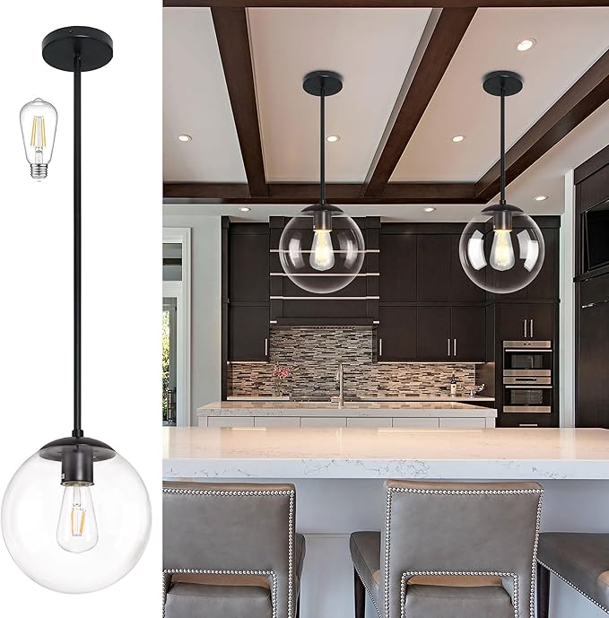 10 Inch Globe Pendant Light Black Mid Century Pendant Light Contemporary Globe Pendant Lights Clear Glass Pendant Lights Adjustable Hanging Light Fixture Clear Glass with Black Finish for Dining Room