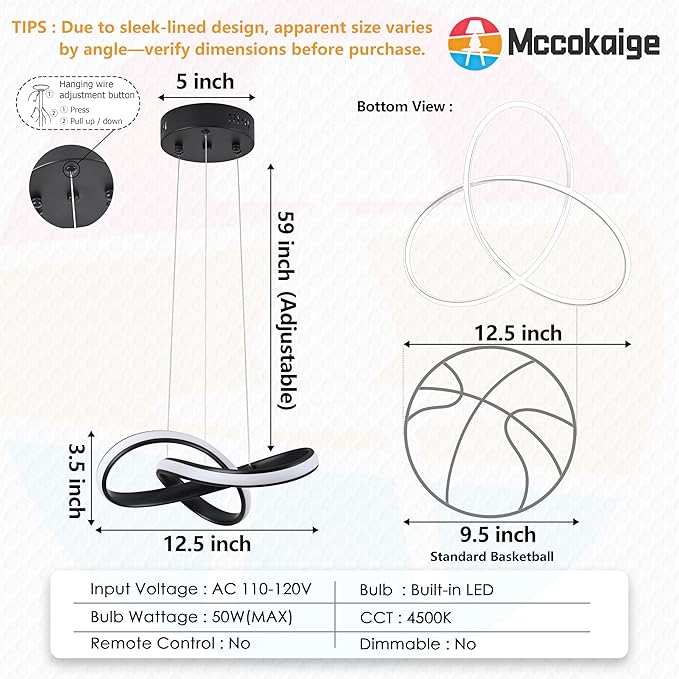 LED Chandelier Modern Pendant Light Fixture Simple Irregular Streamline Ring Light Black with 4500K and 59in Height Adjustable Hanging Lamp for Kitchen Island Hallway Foyer Closet Corridor