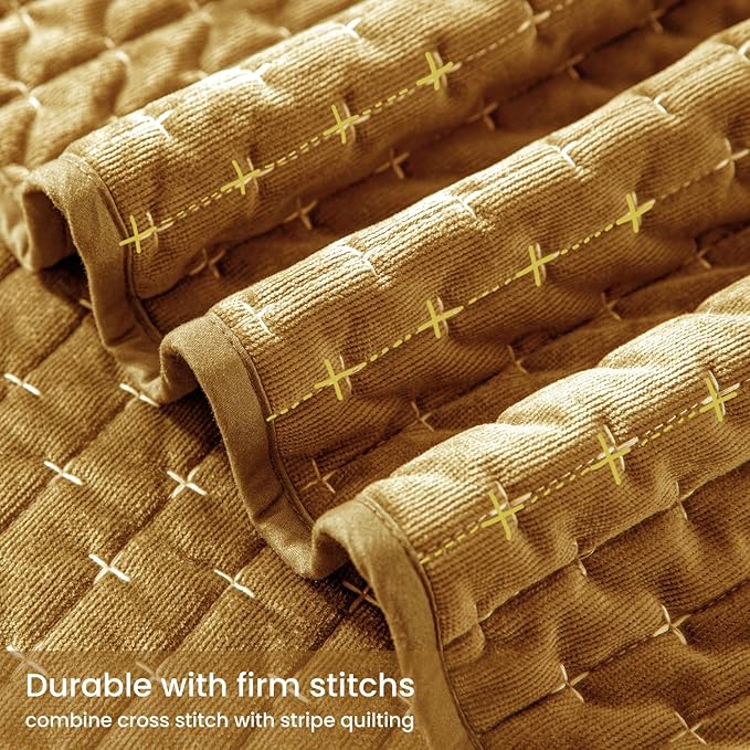 Velvet Quilt Queen Size,Luxurious Cross Stitch Striped Quilted Bedding Set,Oversized Bedspread Coverlet with Brushed Back,Ultra Soft Cozy Warm for All Season,Gold Caramel,Queen