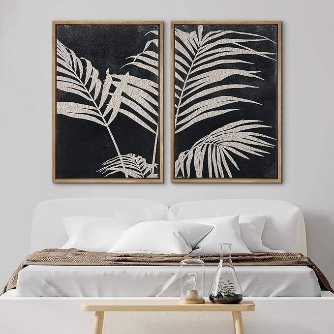 SIGNWIN Framed Canvas Print Wall Art Palm Leaf Print, Minimalist Wall Art, Black White Wall Art Prints for Living Room, Bedroom, Office - 24"x36"x2 Natural