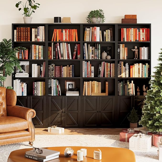 Tall Bookshelf Set of 2, 6 Tier Floor Standing Bookcase with Two Hinged Doors, Storage Organizer Display Shelves, Modern Corner Bookshelf Storage Cabinet for Living Room, Office, Black