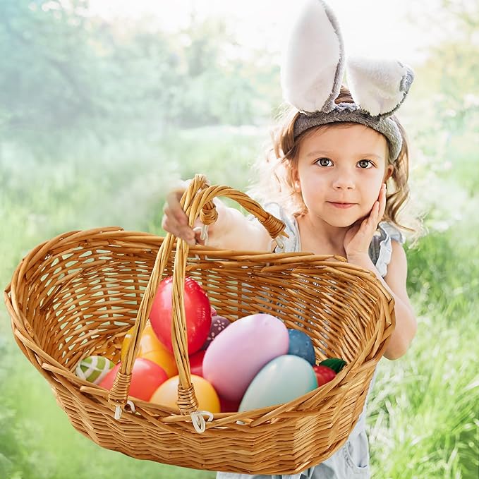 Wesiti 6 Pcs Wicker Picnic Basket with Handle, Hand Woven Harvest Basket Bulk, Wicker Flower Hoppet for Storage, Picnics, Easter, Organizing, Egg Gathering, Candy, Wedding(Light Brown)