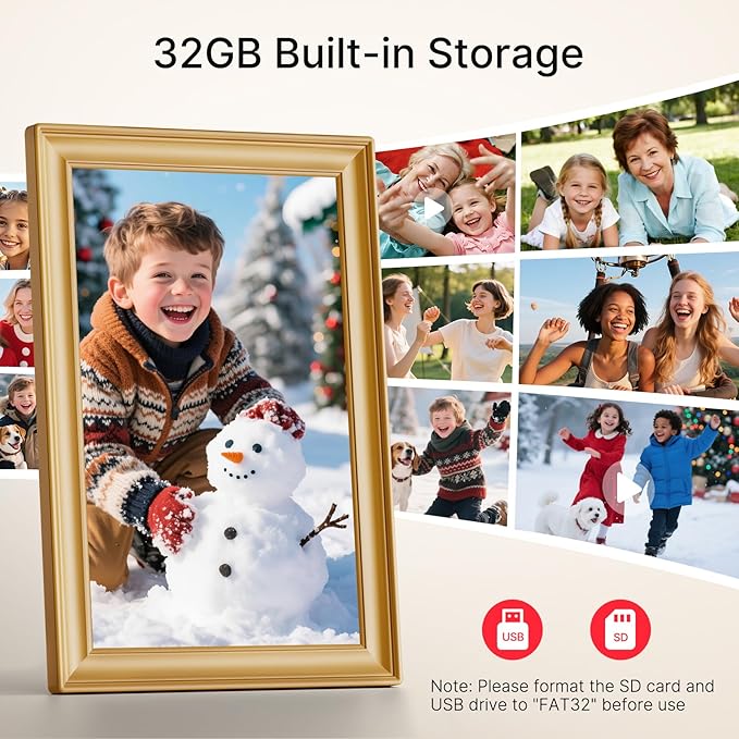 Frameo 10.1 Inch WiFi Digital Picture Frame, 1280x800 HD IPS Touch Screen Photo Frame Electronic, 32GB Storage, Auto-Rotate, Wall Mounted, Share Photos/Videos Instantly from Anywhere - Gold