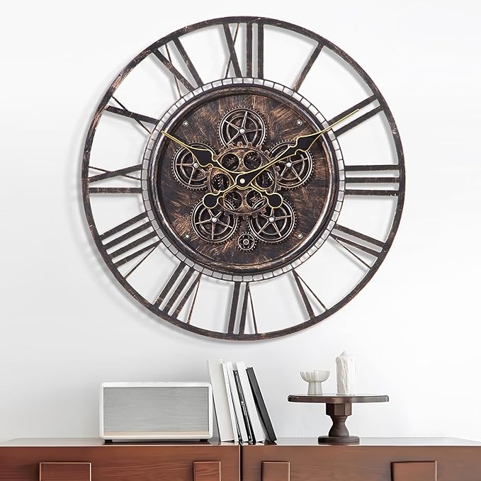 Moving Gear Large Wall Clock 30inch/76cm Copper, Decorative Wall Clocks for Living Room, Unique Farmhouse Steampunk Metal Wall Clock Decor, Office Wall Clocks