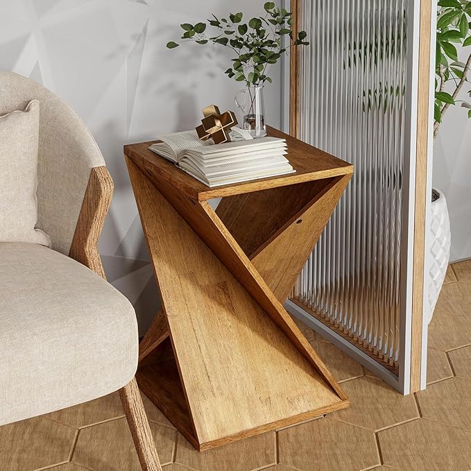 Farmhouse End Table Square Solid Wood Pedestal Side Table Rustic Plant Stand with Twisted Design for Living Room, Bedroom, Office, Natural Wood