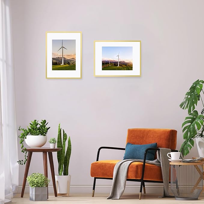 12x16 Metal Picture Frame Set of 2, 12 x 16 Aluminum Photo Frames with 8.5x11 Mat - Sawtooth Hangers, Spring Clips for Wall Mounting Horizontal and Vertical(Gold)