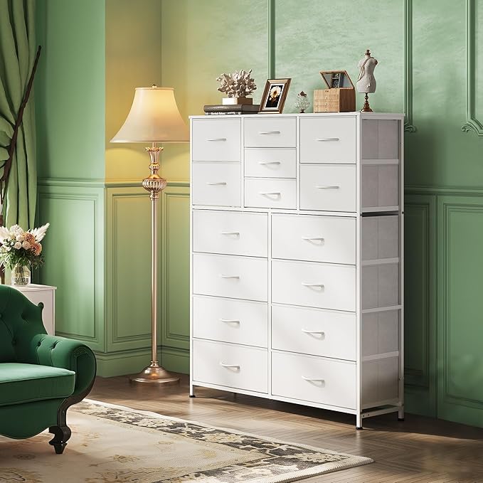 WLIVE Tall Console Table with 15 Fabric Drawers, Entryway Table with Storage, Tall Storage Organizer with Wood Top, Steel Frame for Living Room, Hallway, Office, White