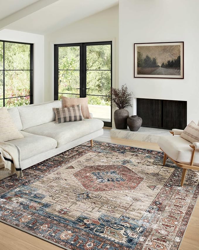 vivorug 9x12 Area Rugs for Living Room, Non Slip Machine Washable Vintage Rug, Ultra-Thin Lightweight Large Area Rug for Bedroom, Dining Room, Low Pile Brown
