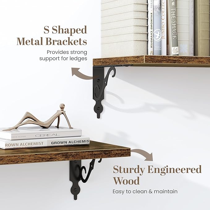 16 Inch Deep Floating Shelves for Wall, 8 Inch Deep Floating Shelf with Bracket, Wall Shelves 16 Inches Long, Wide Display & Storage Shelves for Living Room, Bathroom, Bedroom, Rustic Brown, Set of 2