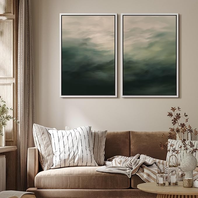 MUDECOR Framed Canvas Print Wall Art Dark Green Abstract Misty Landscape Moody Illustrations Modern Art Decorative Chic for Living Room, Bedroom, Office - 24"x36"x2 White