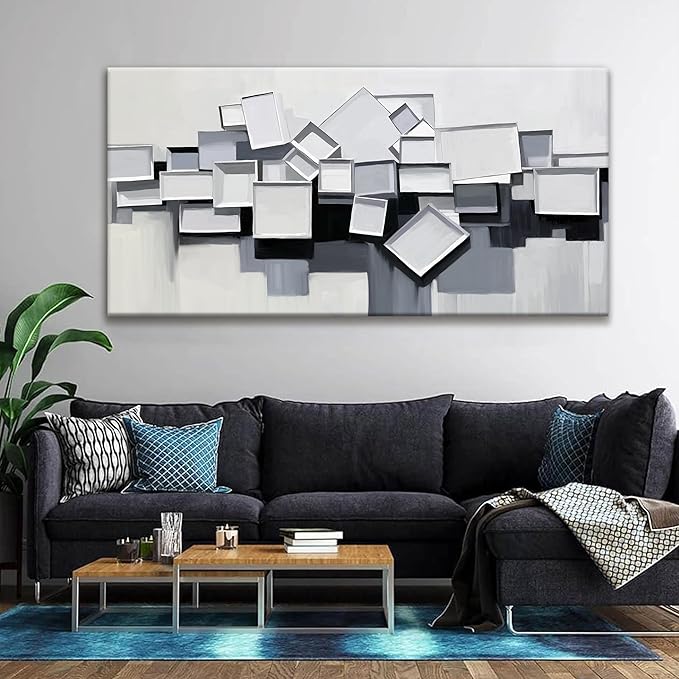 Tsomzxng Large Abstract Wall Art Grey And White Wall Art Geometric Color Block Line Wall Painting Canvas Art Wall Decor Simple Picture Artwork For Living Room Bedroom Office Artwork 29"X 58"