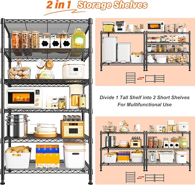REIBII 6 Tier Shelf Metal Shelving 70"H Storage Shelves Sturdy Wire Rack Shelf Units Adjustable Detachable Storage Shelving Unit for Kitchen Laundry Pantry Garage Commercial 71"H x 21.65"W x 11.8"D