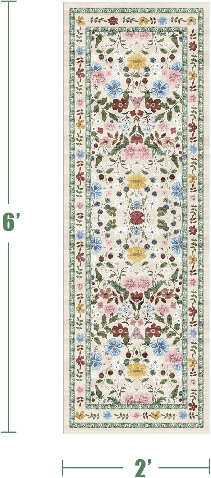 Deerly Floral Runner Rug 2x6 for Hallway Vintage Boho Washable Bathroom Kitchen Bedroom Runner Rugs Non-Slip Soft Low Pile Thin Indoor Carpet for Laundry Room Farmhouse, Beige/Green/Multi