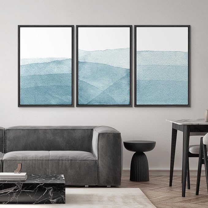 SIGNWIN 3 Piece Framed Canvas Wall Art Blue Wash Brushstroke Watercolor Nature Wilderness Illustrations Abstract Traditional Home Artwork Decoration for Living Room,Bedroom - 24"x36"x3 Black