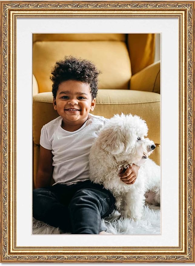 11.5x17 Frame with Mat - Antique Gold 14x19 Frame Wood Made to Display Print or Poster Measuring 11.5 x 17 Inches with White Photo Mat