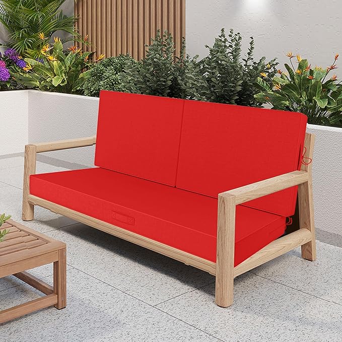 Outdoor Loveseat Cushion Set 46 x 26 Inch, Waterproof & Fade-Resistant Deep Seat Patio Cushions with Removable Cover, Ties & Hidden Zipper, Patio Love Seat Sofa Cushions for Sofa Bench Couch,Red