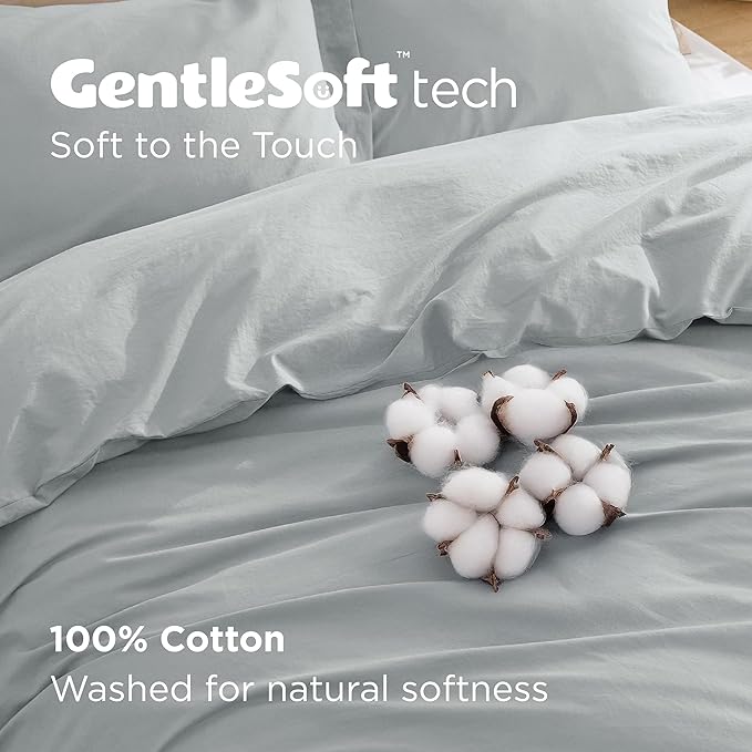 Bedsure 100% Washed Cotton Duvet Cover King Size - Mist Blue Minimalist Cotton Duvet Cover Linen Like for All Seasons - GentleSoft™ Plain Simple Bedding, 3 Pieces (Mist Blue, King, 104"x90")