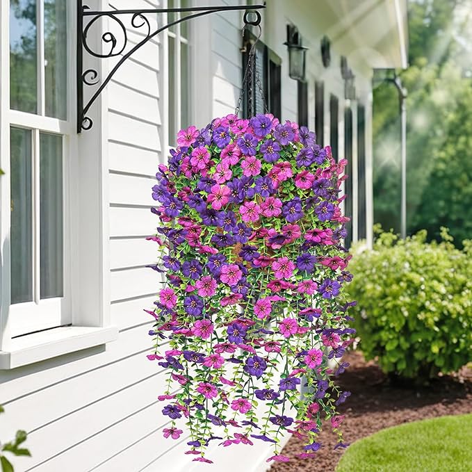 Dremisland 2 Set Artificial Hanging Baskets Outdoor Multicolored Silk Flower Plants Fake Flowers DIY Chain Hanging Basket Daisy Faux Flowers with Pot for Porch Garden Balcony Patio Summer Decor