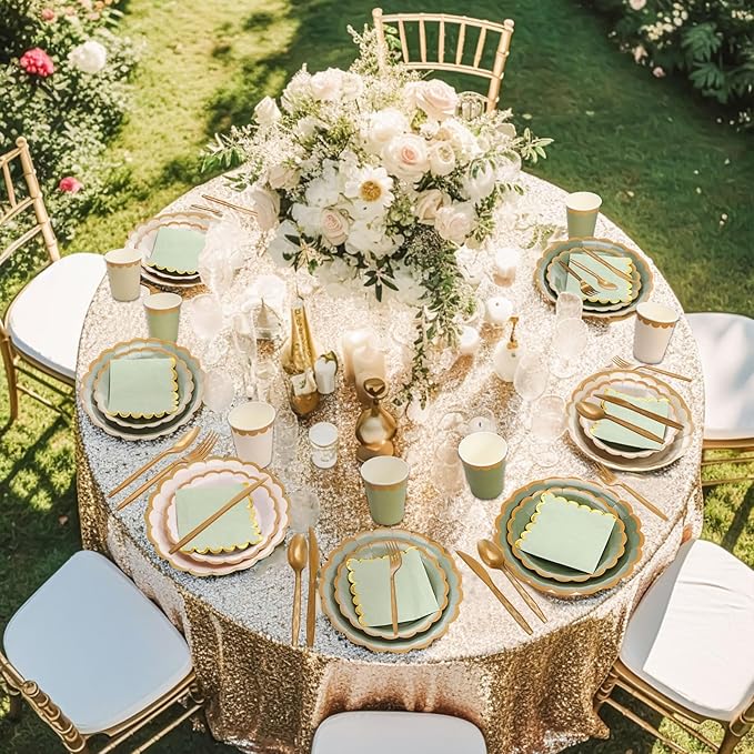 338 Pcs Sage Green Plates and Napkins Party Supplies for Guests Sage Green Tableware Include Scalloped Plates Paper Napkin Cup Spoon Fork Knife for Baby Shower, Wedding, Birthday