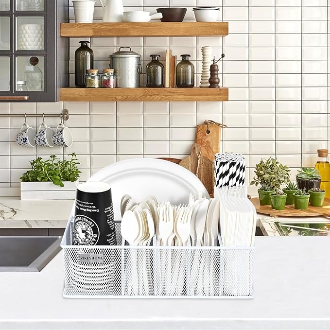 Paper Plate Organizer, Metal Silverware Caddy with 6 Compartments for Knives, Spoons, Cups, Forks, Napkins, Utensil Holder for Party, Camping, Picnic, White