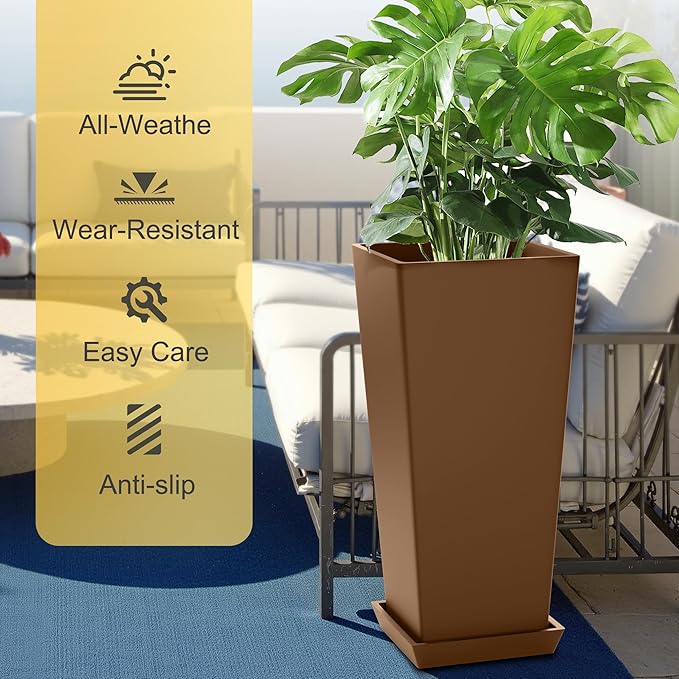 24-Inch Tall Planters Set of 2 for Outdoor and Indoor Use,Tapered Flower Pots with Drainage Tray, Front Porch and Patio Decor,Ideal for Large Plants (Brown)