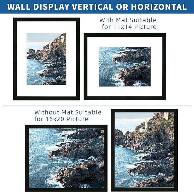 16x20 Frames Set of 2, Rustic Black Wood Style - Display 16 x 20 Picture without Mat or 11x14 Picture with Mat, Wall Mounting Horizontal and Vertical