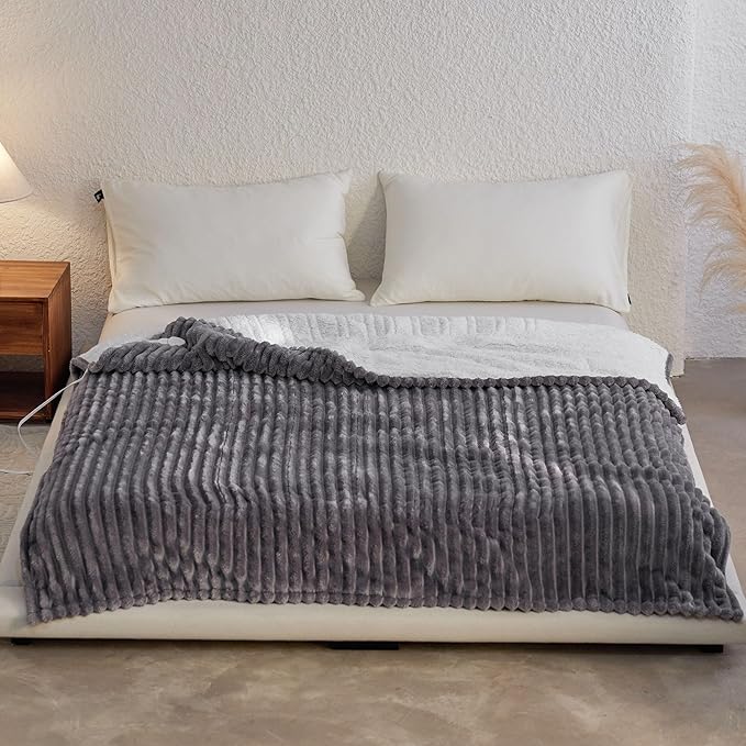 Heated Blanket Electric Blanket 50"x60", Soft Flannel Sherpa Electric Throw with 5 Heating Level & 1-12 Hour Auto Off, Heated Throw with Overheating Protection, Machine Washable (Grey)