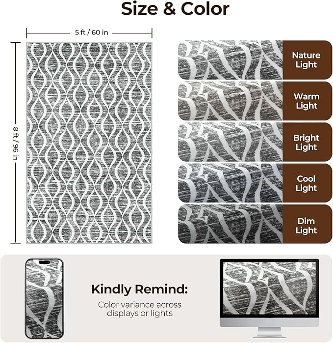 WITSHOCK 7x9 Dark Grey Living Room Rug - Washable Boho Soft Modern Geometric Low Pile Print Pattern Large Thin Indoor Rug for Bedroom Dining Room, Carpet for Nursery Playroom Decor, Eco-Friendly