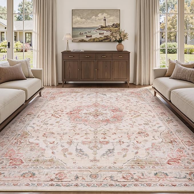 PADOOR-Vintage Area Rug 5X7 Rugs for Living Room-Soft Pink Rugs for Bedroom-Machine Washable Rugs Non Slip Carpet-Rug for Dining Room Living Room Bedside Office