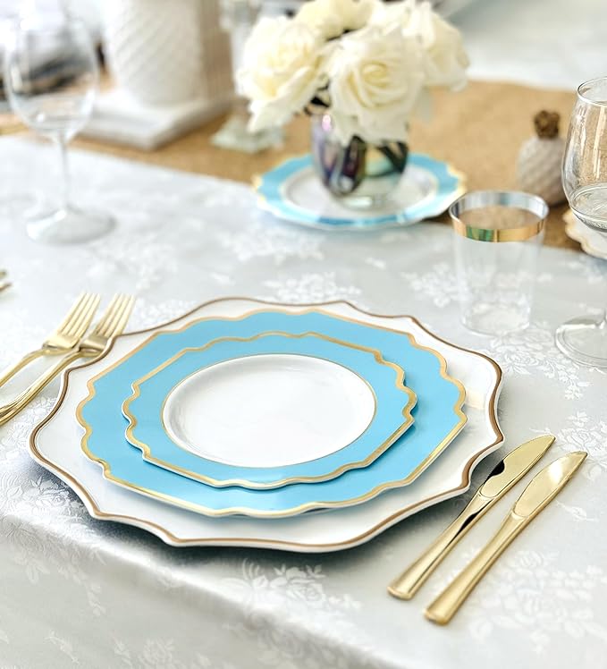 " OCCASIONS " 240 Plates Pack (120 Guests) Heavyweight Wedding Party Disposable Plastic Plates Set -120 x 10.5'' Dinner + 120 x 8'' Salad/Dessert Plate (Imperial Aqua/Gold)