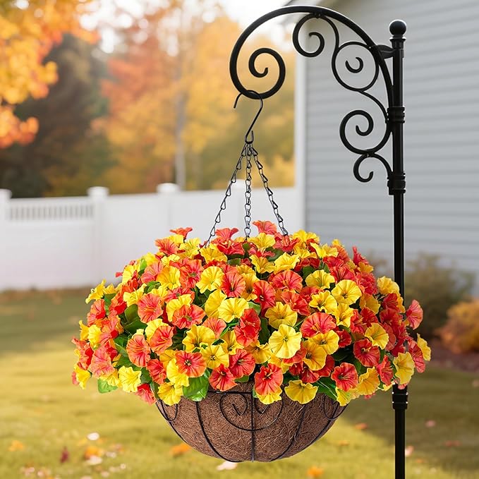 Artificial Hanging Flowers with Basket, Faux Silk Petunias Flower Arrangement, Coconut Lining with Morning Glories Fake Plants Patio Garden Porch Deck Fall Decor(Orange Yellow)