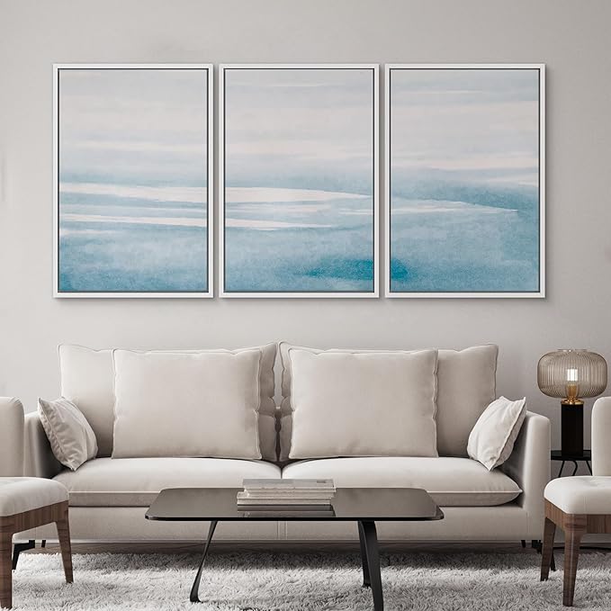 SIGNWIN 3 Piece Framed Canvas Wall Art Blue Sky Watercolor Nature Wilderness Illustrations Abstract Traditional Relax/Calm Home Artwork Decoration for Living Room,Bedroom - 16"x24"x3 White