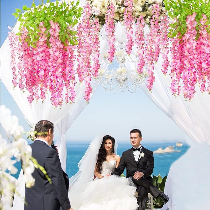 24 Pack Artificial Fake Wisteria Vine Ratta (3.75 Feet) Hanging Garland Silk Flowers String Home Party Wedding Decor (Deep Pink)