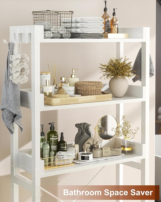 Ecoprsio Over-The-Toilet Storage Rack, 3-Tier Bathroom Organizer Shelf Over Toilet, Freestanding Space Saver Toilet Stands with 4 Hooks, White