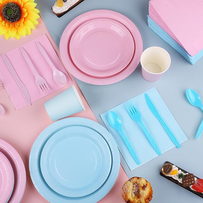durony 216 Pieces Baby Gender Reveal Party Tableware Set Serves 24 Guests Pink Blue Paper Plates Boy or Girl Gender Reveal Plates Napkins Paper Cup Cutlery for 1st Birthday and Baby Shower Decorations