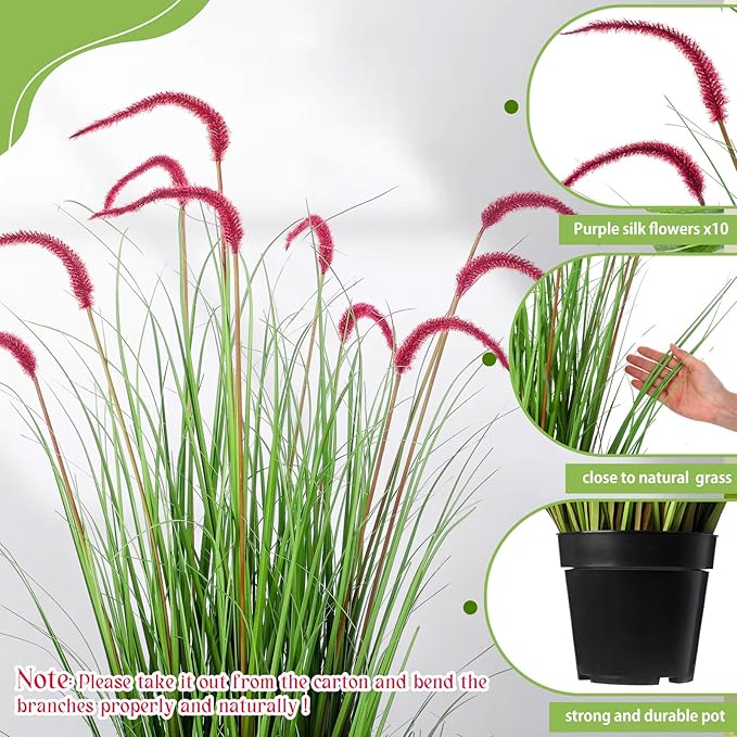 Jexine 2 Pieces Faux Plants Outdoor 4 ft Tall Artificial Grass Plant Potted Artificial Setaria Grass Faux Greenery Floor Plants for Housewarming Gift House Garden Bathroom Lobby Outdoor(Purple)