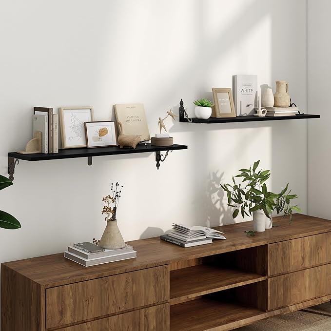 Deep Floating Shelves for Wall, 32"W x 8"D Wall Shelves, 8 Inch Deep Floating Shelf with Bracket, 32 Inch Floating shelves Set of 2, Rustic Shelves for Living Room, Bathroom and Kitchen, Black