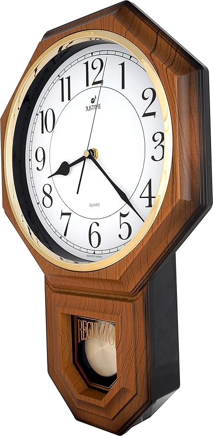 JUSTIME Traditional Schoolhouse Easy to Read Regulator Wall Clock, Chiming Wall Clocks with Pendulum & Westminster Chime Hourly, Schoolhouse Wall Decor Battery Operated (Light Wood Grain)