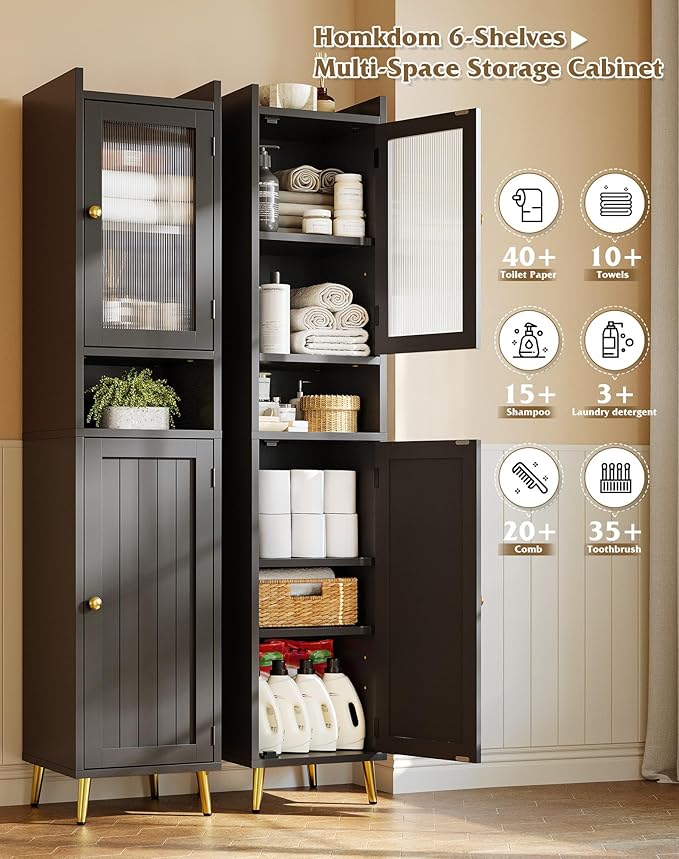 69'' Tall Bathroom Storage Cabinet with 2 Adjustable Shelves, Black 6 Tier Narrow Bathroom Cabinet with 2 Doors, Slim Linen Cabinets for Brathroom,Home Office,Wood