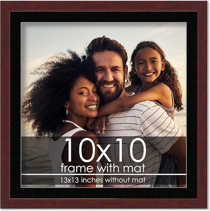 10x10 Frame with Mat - Brown 13x13 Frame Wood Made to Display Print or Poster Measuring 10 x 10 Inches with Black Photo Mat