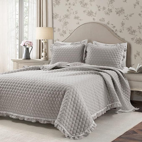 Lush Decor Ella Ruffle Lace Quilt, 3 Piece Set, Full/Queen, Light Gray - Cute Comforter - Queen Bedding Set - Gray Bedding Full Size - Coquette Decor - Ruffle Trim - Lace Trim